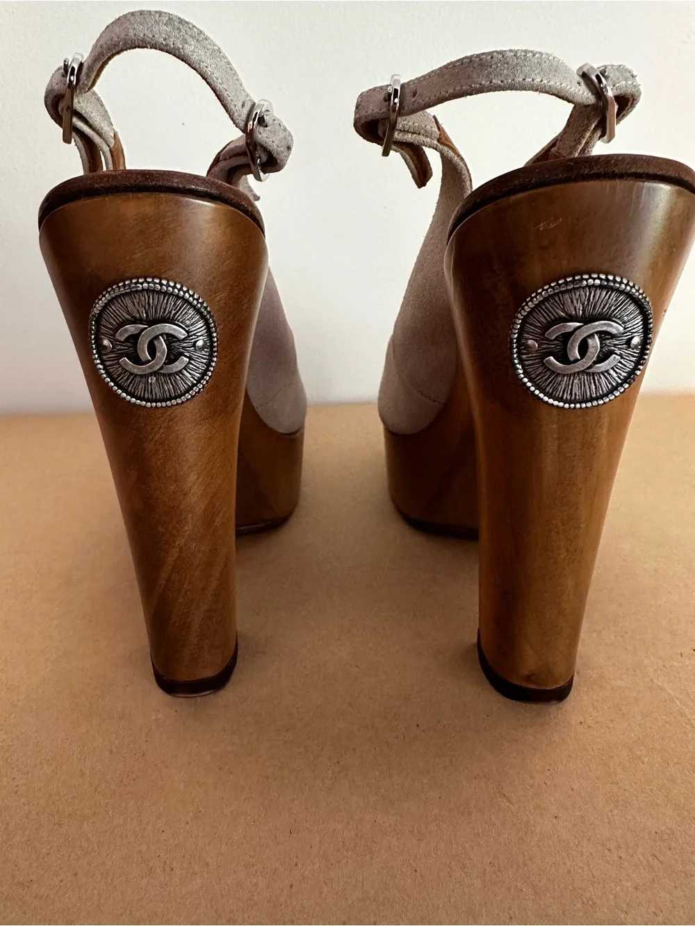CHANEL Beige Nubuck Open-Toe Slingback Heels